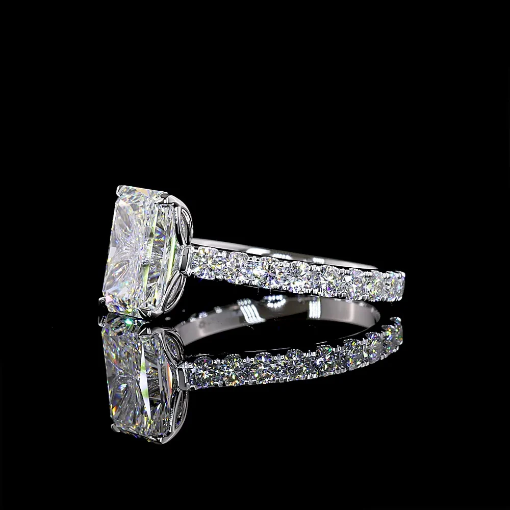 14K White Gold Radiant Cut Lab Diamond Solitaire Shank Ring featuring E VVS2 3.11 Carats Center Diamond and 0.94 Carats Round Brilliant Side Stones - 4.05 Carats Total Diamond Weight - Covaloro Fine Jewelry - Image 3