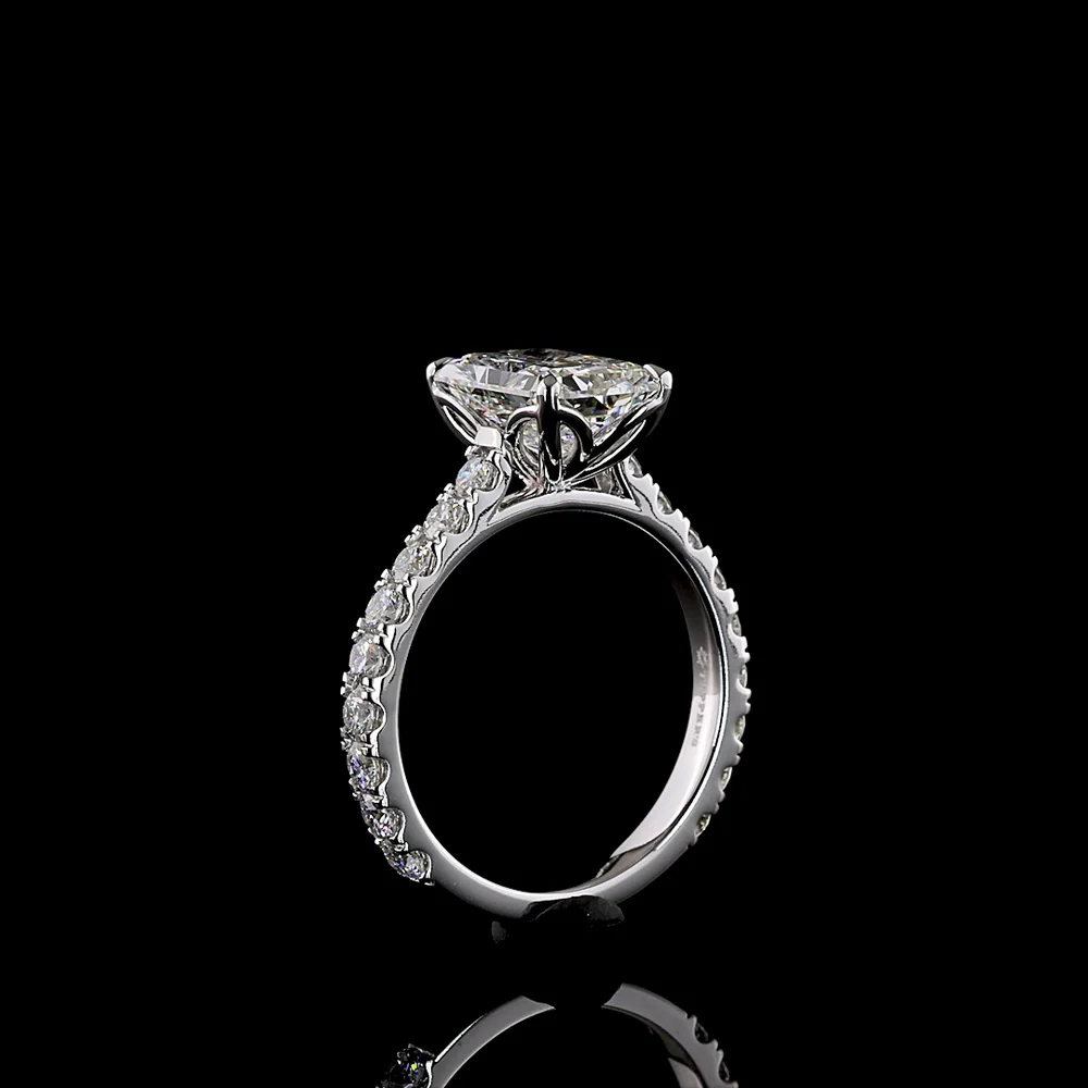 14K White Gold Radiant Cut Solitaire Diamond Shank Ring featuring 3.07 Carat E VVS2 Center and 0.96 Carat Accent Diamonds - 4.03 Carat Total Diamond Weight - Covaloro Fine Jewelry - Image 4
