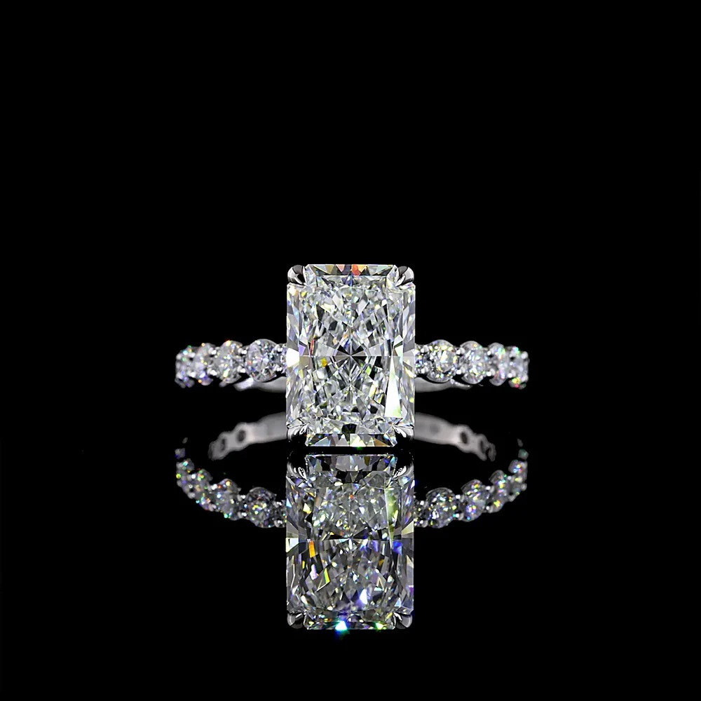 14K White Gold Radiant Cut Solitaire Diamond Shank Ring with 18 Brilliant Cut Side Stones - 3.92 Carats Total Diamond Weight (3.05 Carats Center) - Covaloro Fine Jewelry