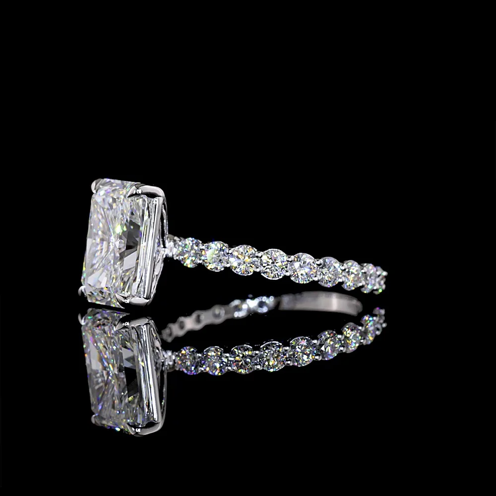 14K White Gold Radiant Cut Solitaire Diamond Shank Ring with 18 Brilliant Cut Side Stones - 3.92 Carats Total Diamond Weight (3.05 Carats Center) - Covaloro Fine Jewelry - Image 3
