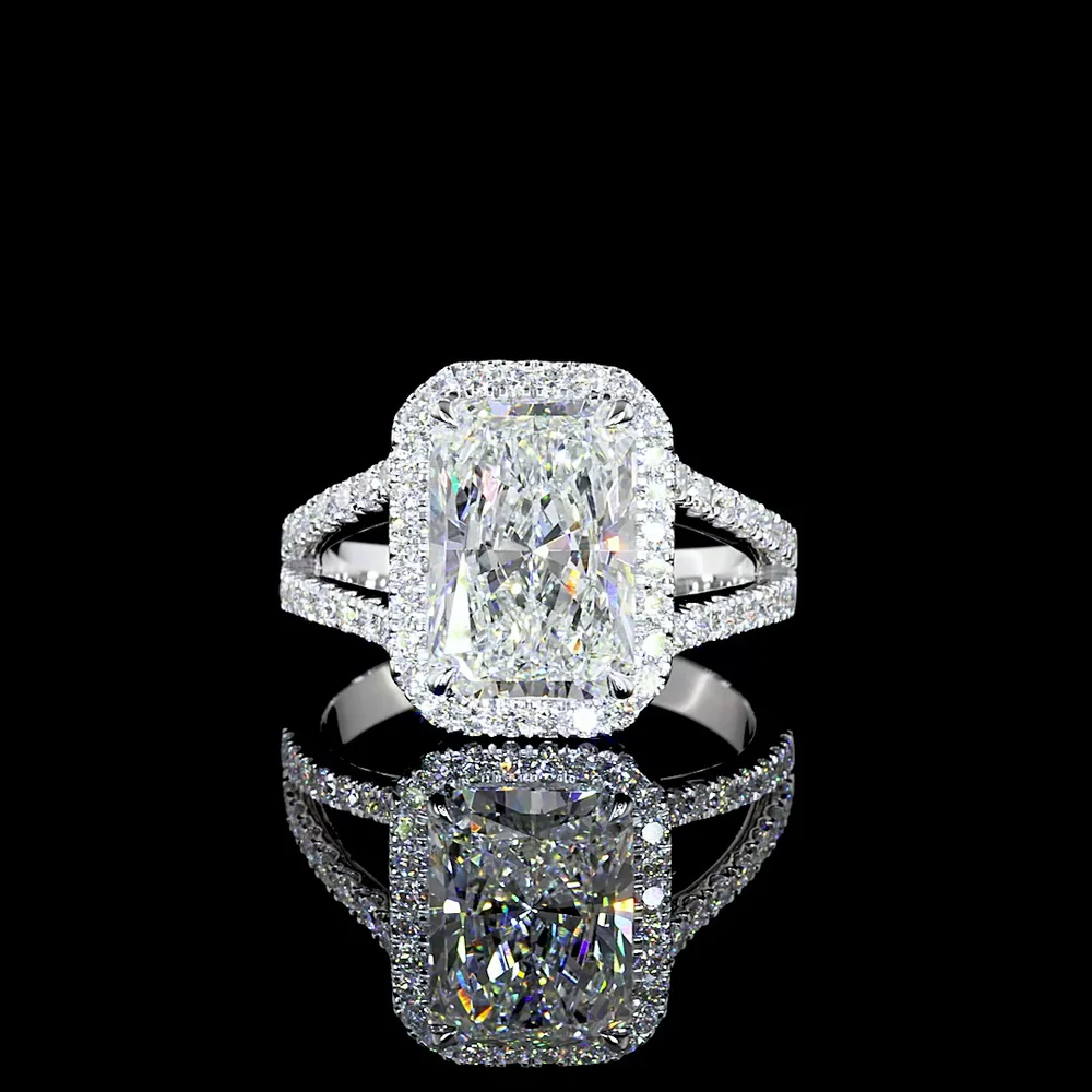 14K White Gold Radiant Cut Split Shank Halo Ring featuring 3.28 Carat Center Lab Diamond and 0.58 Carat Brilliant Cut Accent Diamonds - 3.86 Total Carat Weight - Covaloro Fine Jewelry