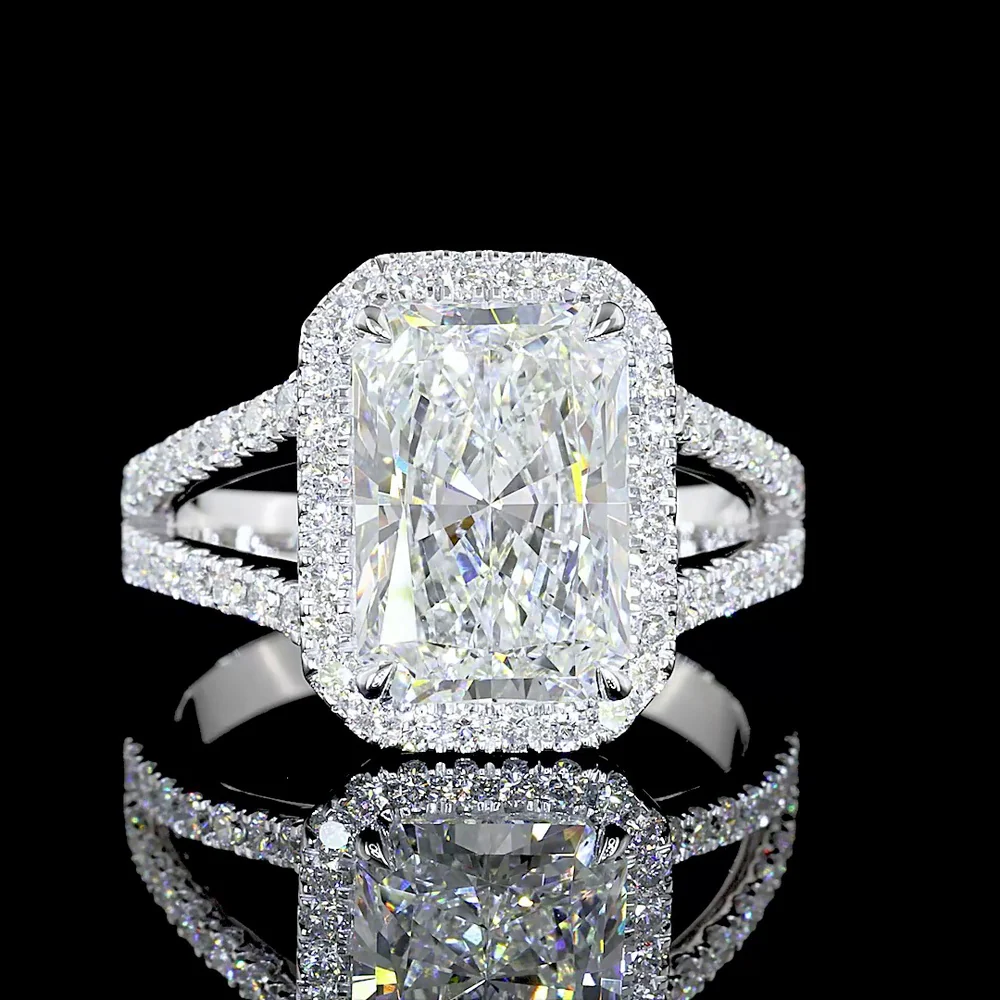 14K White Gold Radiant Cut Split Shank Halo Ring featuring 3.28 Carat Center Lab Diamond and 0.58 Carat Brilliant Cut Accent Diamonds - 3.86 Total Carat Weight - Covaloro Fine Jewelry - Image 2
