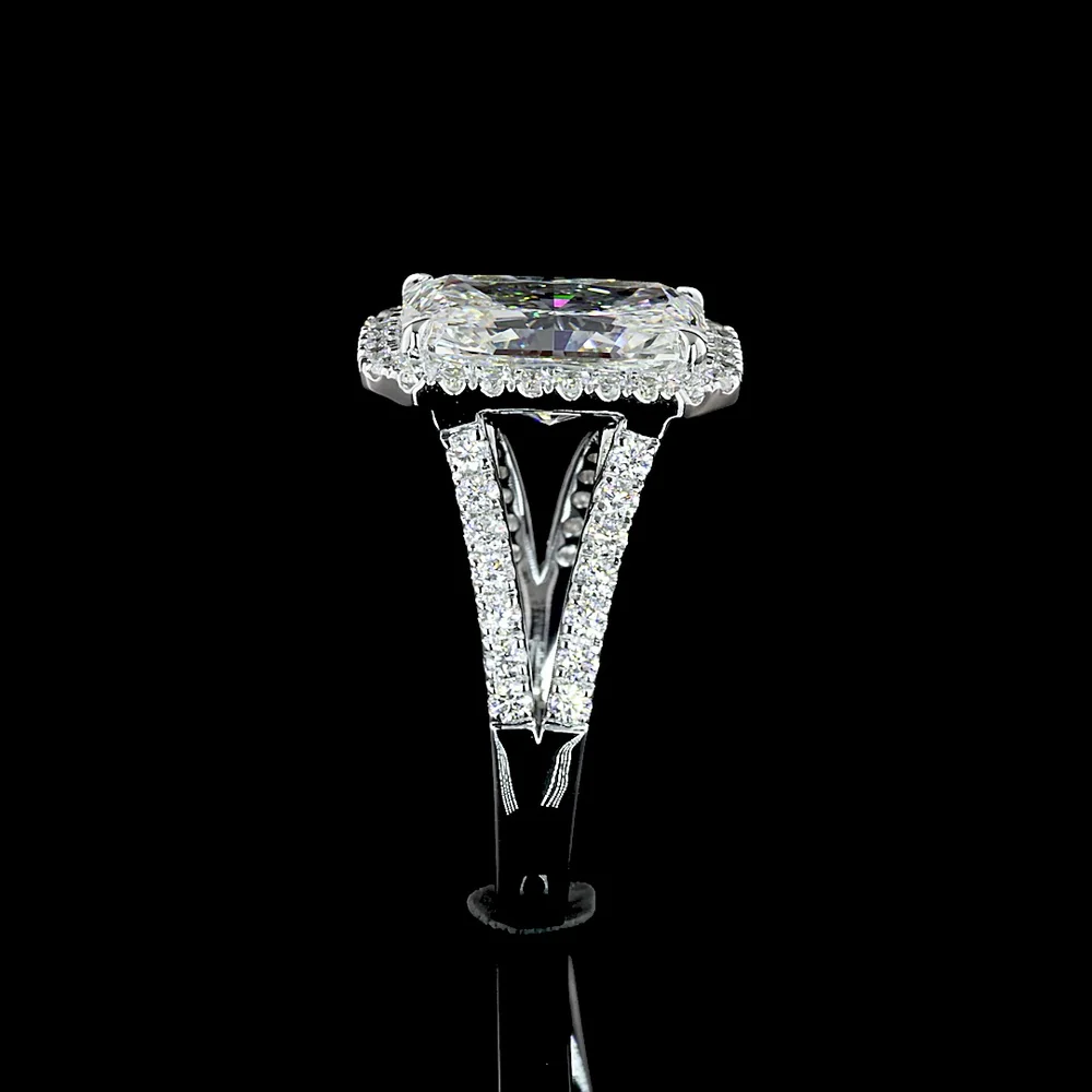 14K White Gold Radiant Cut Split Shank Halo Ring featuring 3.28 Carat Center Lab Diamond and 0.58 Carat Brilliant Cut Accent Diamonds - 3.86 Total Carat Weight - Covaloro Fine Jewelry - Image 3