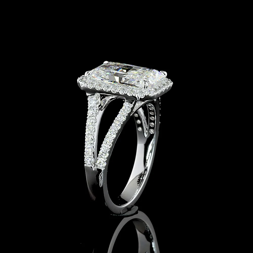 14K White Gold Radiant Cut Split Shank Halo Ring featuring 3.28 Carat Center Lab Diamond and 0.58 Carat Brilliant Cut Accent Diamonds - 3.86 Total Carat Weight - Covaloro Fine Jewelry - Image 4