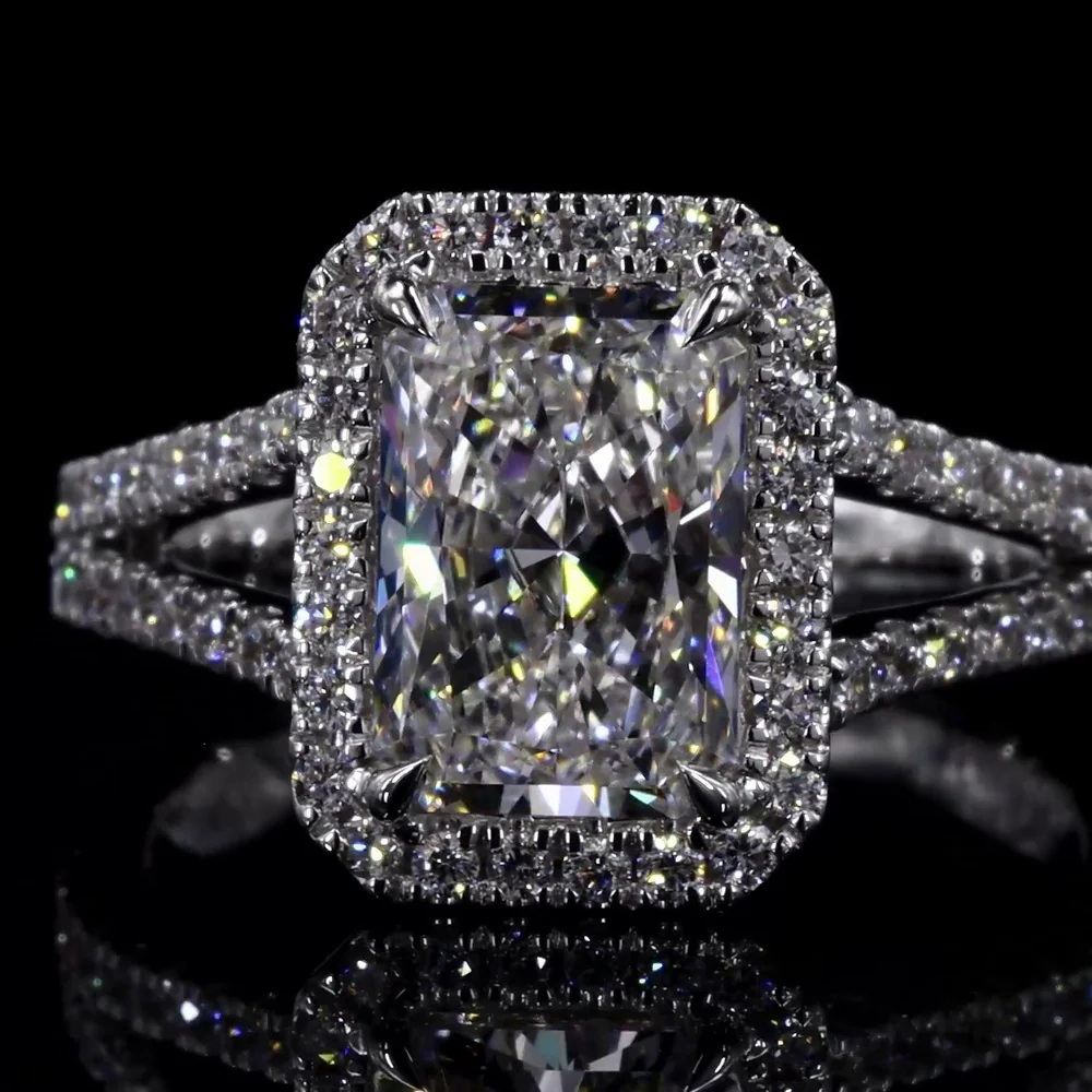 14K White Gold Radiant Cut Split Shank Halo Ring with Lab Grown E VVS1 Diamond - 1.5 Carat Total Diamond Weight - Covaloro Fine Jewelry - Image 3