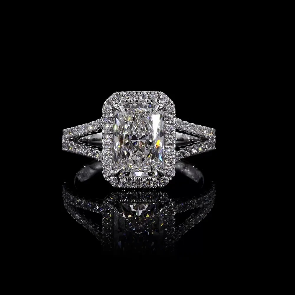14K White Gold Radiant Cut Split Shank Ring with Double Halo and Brilliant Round Accents - 5.93 Carats Total Diamond Weight - Covaloro Fine Jewelry