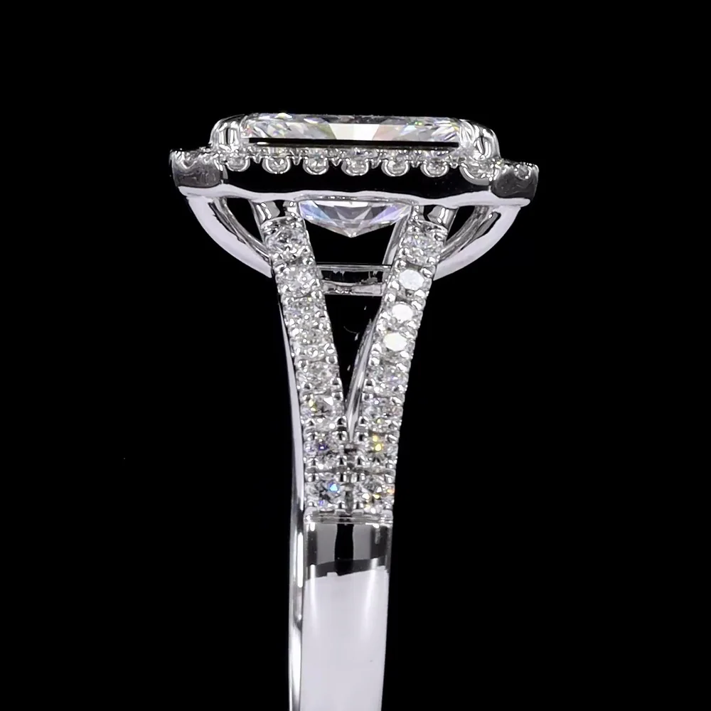14K White Gold Radiant Cut Split Shank Ring with Double Halo and Brilliant Round Accents - 5.93 Carats Total Diamond Weight - Covaloro Fine Jewelry - Image 4