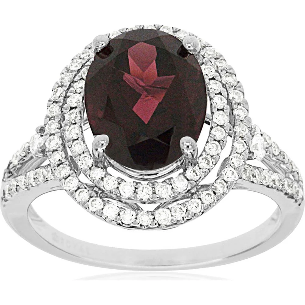 14K White Gold Rhodolite & Diamond Halo Ring - 3.44 Carats Total Gem Weight - Royal Jewelry
