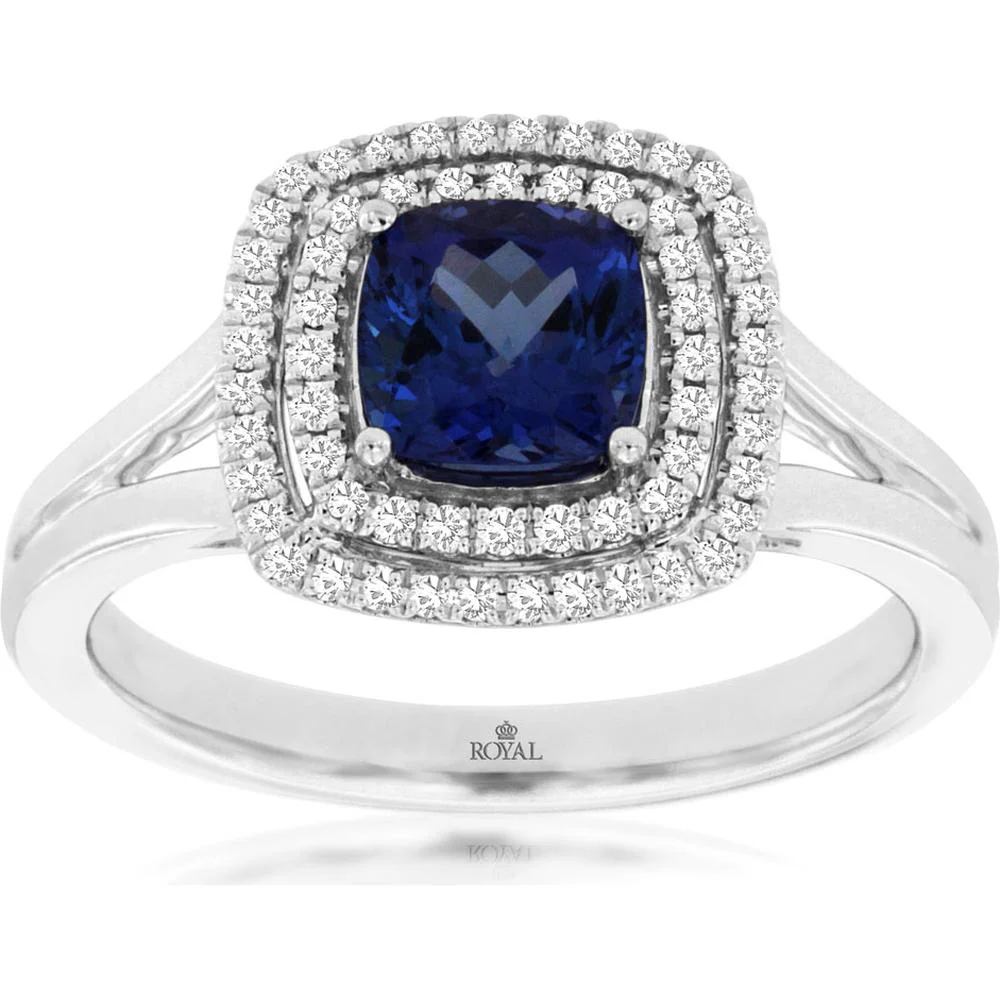 14K White Gold Ring with Cushion-Cut Tanzanite and Double Halo Diamonds - 1.10 Carat Tanzanite, 0.20 Carat Total Diamond Weight - Royal Jewelry