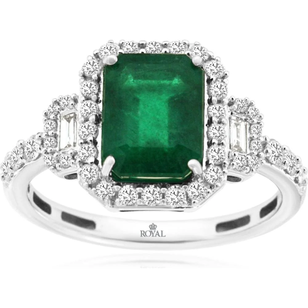 14K White Gold Ring with Emerald Cut Emerald and Diamond Halo - 2.15 Carat Emerald & 0.50 Carat Total Diamond Weight - Royal Jewelry