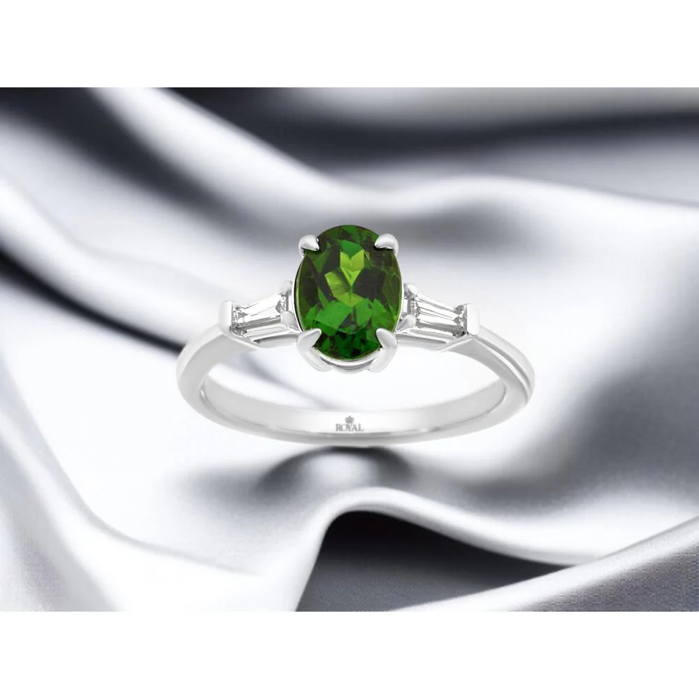 14K White Gold Ring with Oval Green Russalite and Tapered Diamond Side Accents - 1.30 Carat Russalite & 0.11 Carat Total Diamond Weight - Royal Jewelry - Image 2