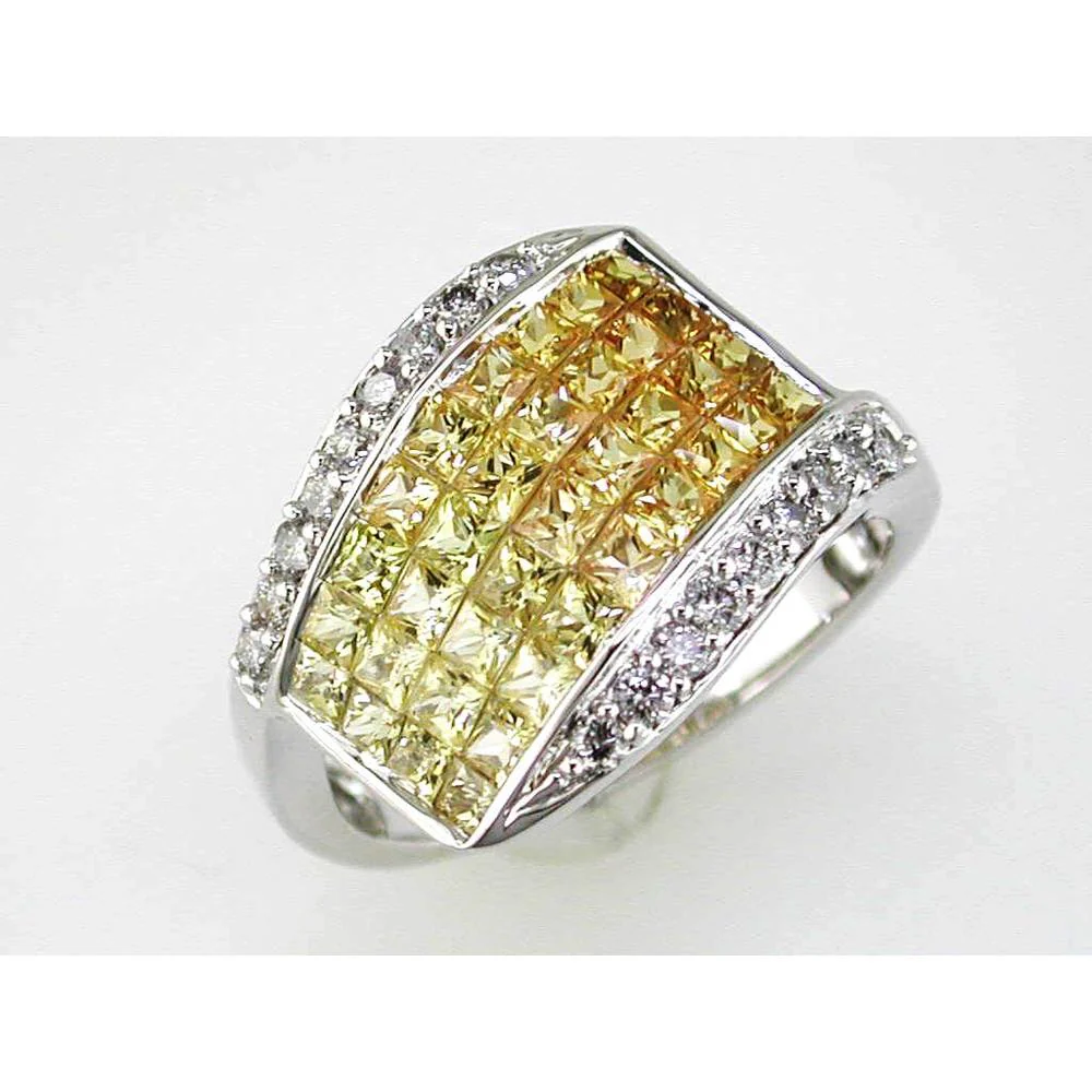 14K White Gold Ring with Princess Cut Yellow Sapphire and Round Diamonds - 2.25 Carats Total Gem Weight - Royal Jewelry