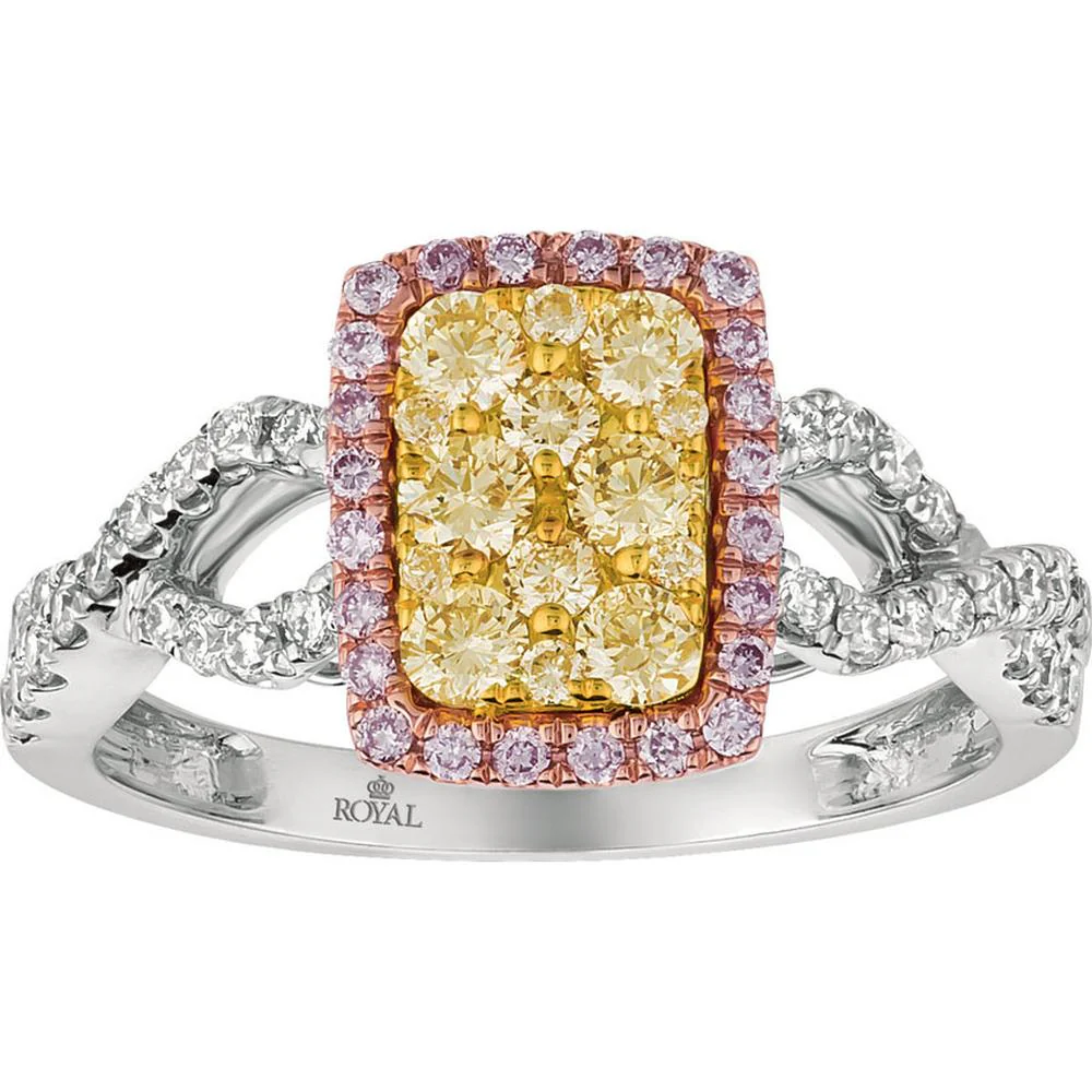 14K White Gold Ring with Yellow and Pink Diamonds - 0.44 Carats Yellow Diamond, 0.12 Carats Pink Diamond - Royal Jewelry