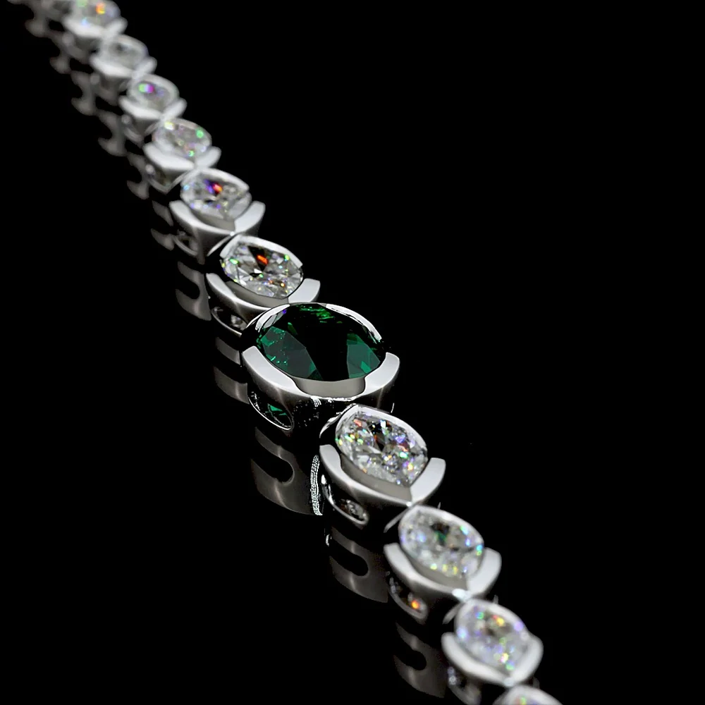 14K White Gold Riviera Bracelet with 1.83 Carats Oval Lab Emerald and Marquise Cut Lab Diamonds in Bezel Setting - 5.49 Total Carat Weight - Covaloro Fine Jewelry - Image 3