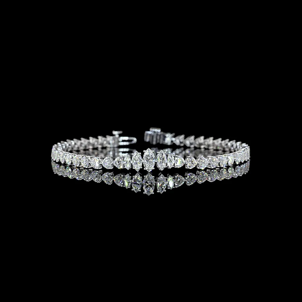 14K White Gold Riviera Bracelet with Alternating Marquise and Heart Shape Lab Diamonds - 6.70 Carats Total Diamond Weight - Covaloro Fine Jewelry