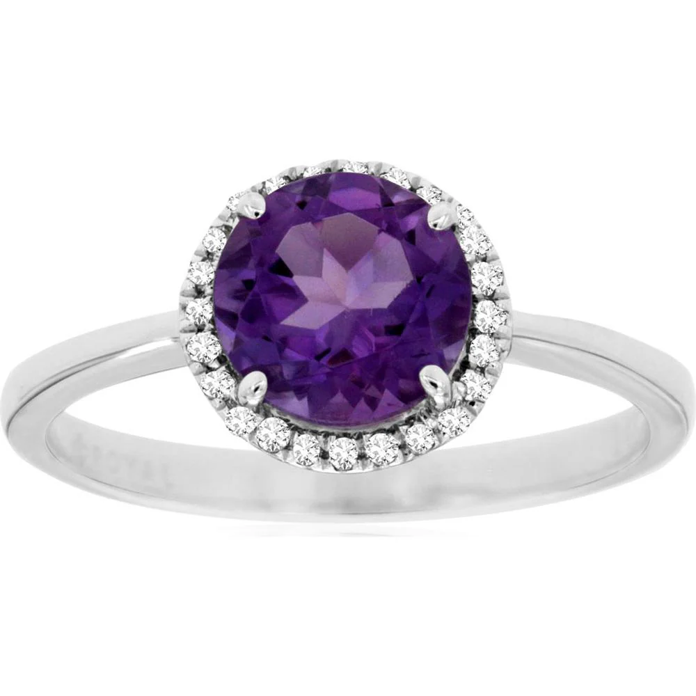 14K White Gold Round Amethyst and Diamond Halo Ring - 1.05 Carat Amethyst, 0.10 Carat Total Diamond Weight - Royal Jewelry