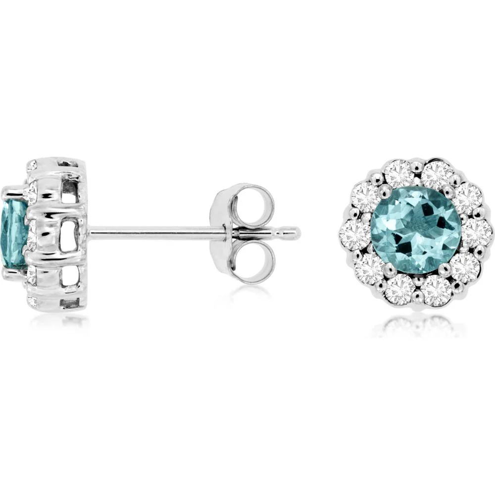 14K White Gold Round Aquamarine and Diamond Halo Stud Earrings - 0.60 Carat Aquamarine Total, 0.40 Carat Diamond Total - Royal Jewelry