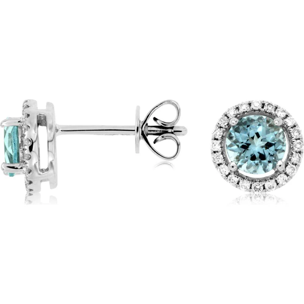 14K White Gold Round Aquamarine & Diamond Halo Stud Earrings - 0.88 Carat Aquamarine Total Weight, 0.15 Carat Diamond Total Weight - Royal Jewelry