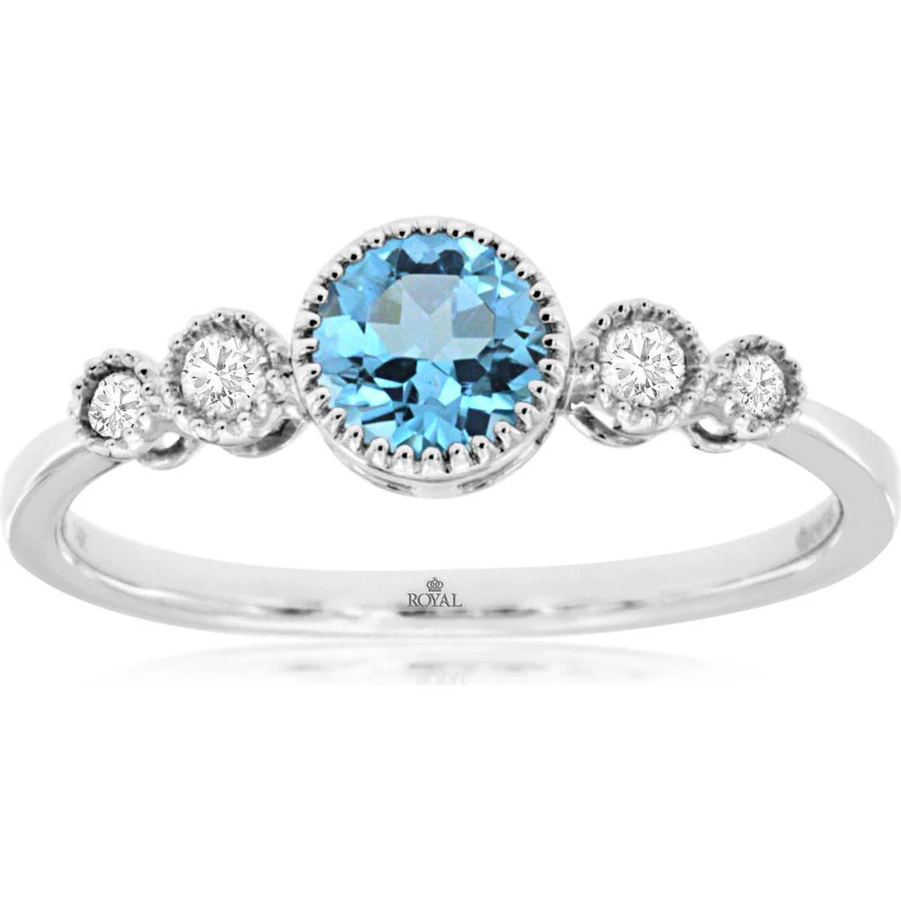 14K White Gold Round Blue Topaz Ring with Diamond Accents and Milgrain Detail - 0.55 Carat Blue Topaz and 0.11 Carat Total Diamond Weight - Royal Jewelry