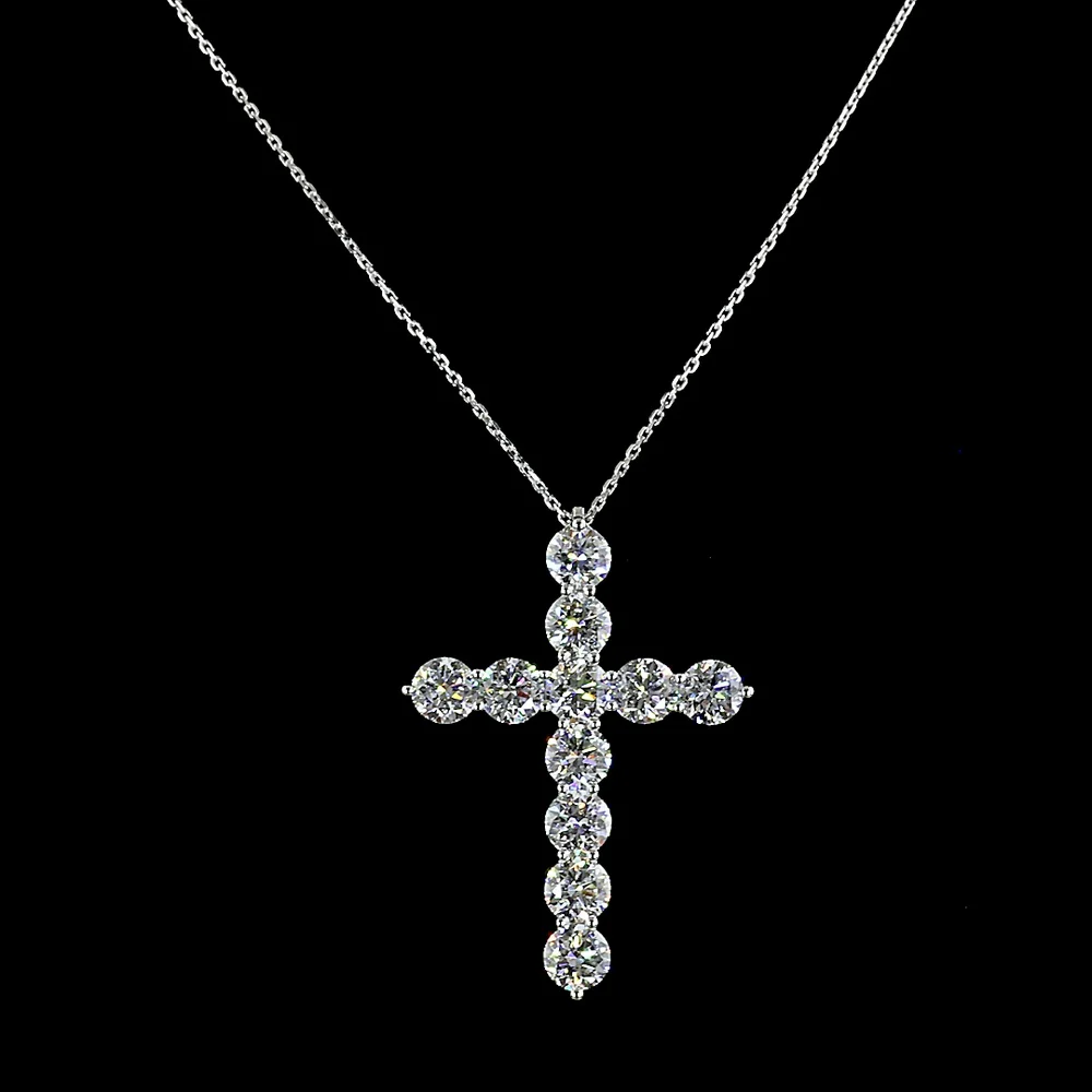 14K White Gold Round Brilliant Cut Lab Diamond Cross Pendant - 11 Stones, 5.30 Carat Total Weight, E-F Color VS Clarity - Covaloro Fine Jewelry