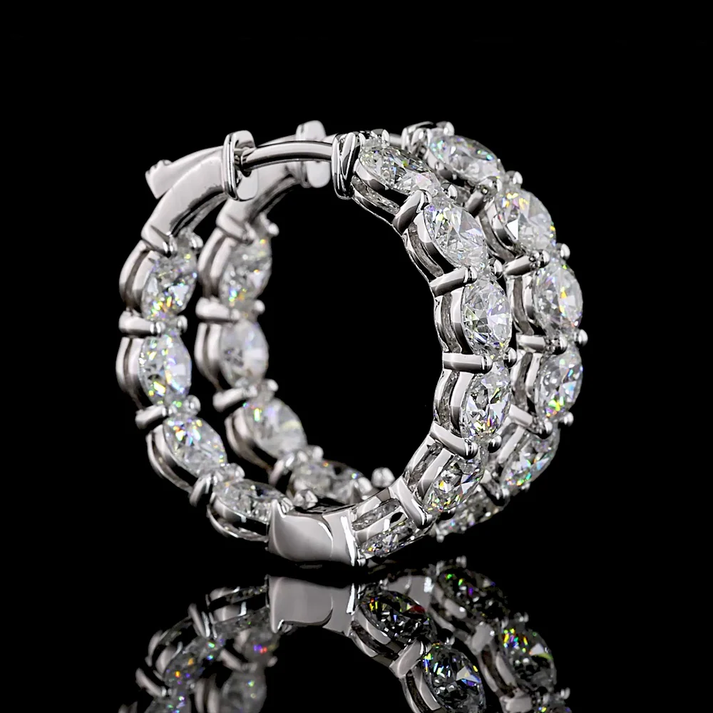 14K White Gold Round Brilliant Cut Lab Diamond Huggie Earrings - 6.67 Carat Total Weight (E-F Color, VS Clarity) - Covaloro Fine Jewelry