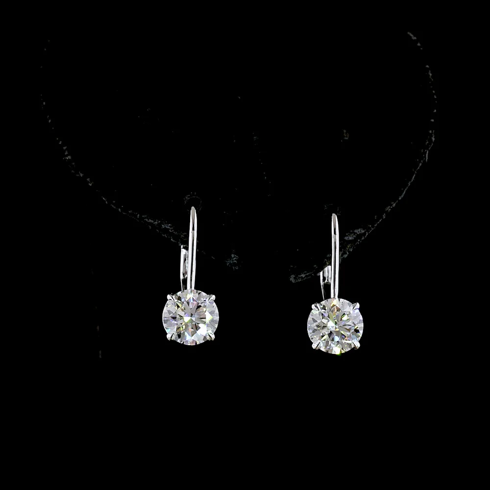 14K White Gold Round Brilliant Lab Diamond Hanging Earrings with Accent Stones - 3.10 Carat Total Diamond Weight - Covaloro Fine Jewelry