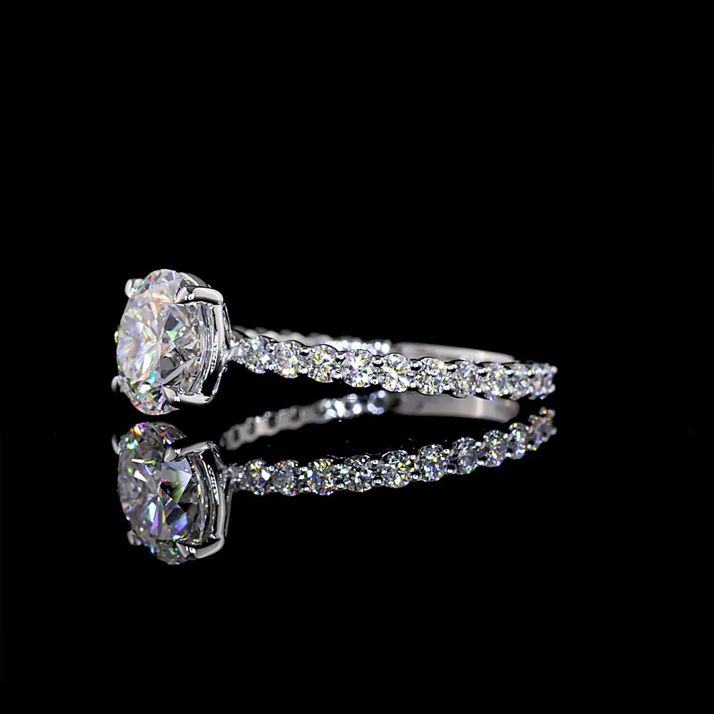 14K White Gold Round Brilliant Lab Diamond Solitaire Shank Ring with Accent Stones - 2.67 Carats Total Diamond Weight, F VVS2 Center IGI Certified - Covaloro Fine Jewelry - Image 3