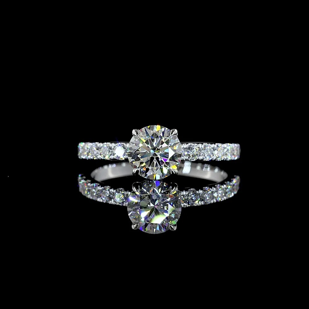 14K White Gold Round Brilliant Solitaire Diamond Shank Ring with 1.01 Carat D VVS1 Center Stone and 0.42 Carat Accent Diamonds - 1.43 Carat Total Diamond Weight - Covaloro Fine Jewelry