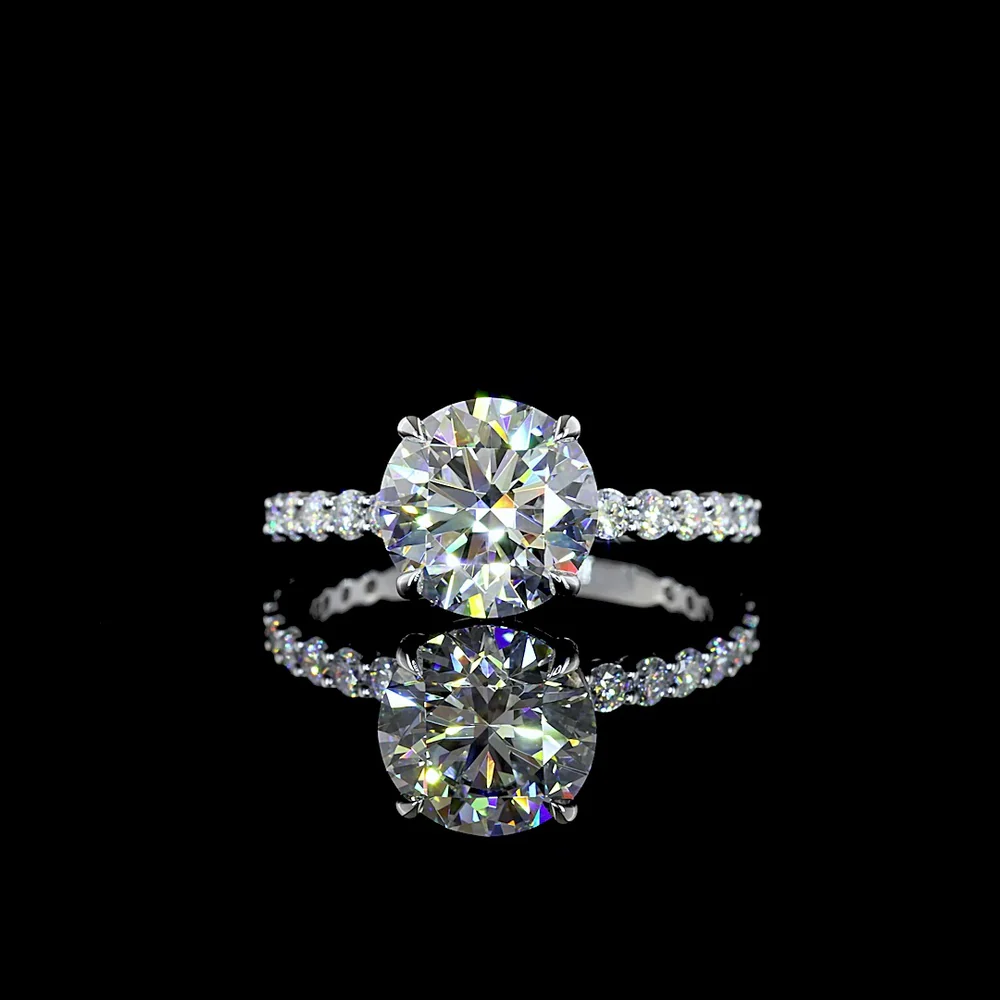 14K White Gold Round Brilliant Solitaire Engagement Ring with Diamond Shank - 2.56 Carat Center E VVS2 Lab Diamond, Total 3.22 Carats - Covaloro Fine Jewelry