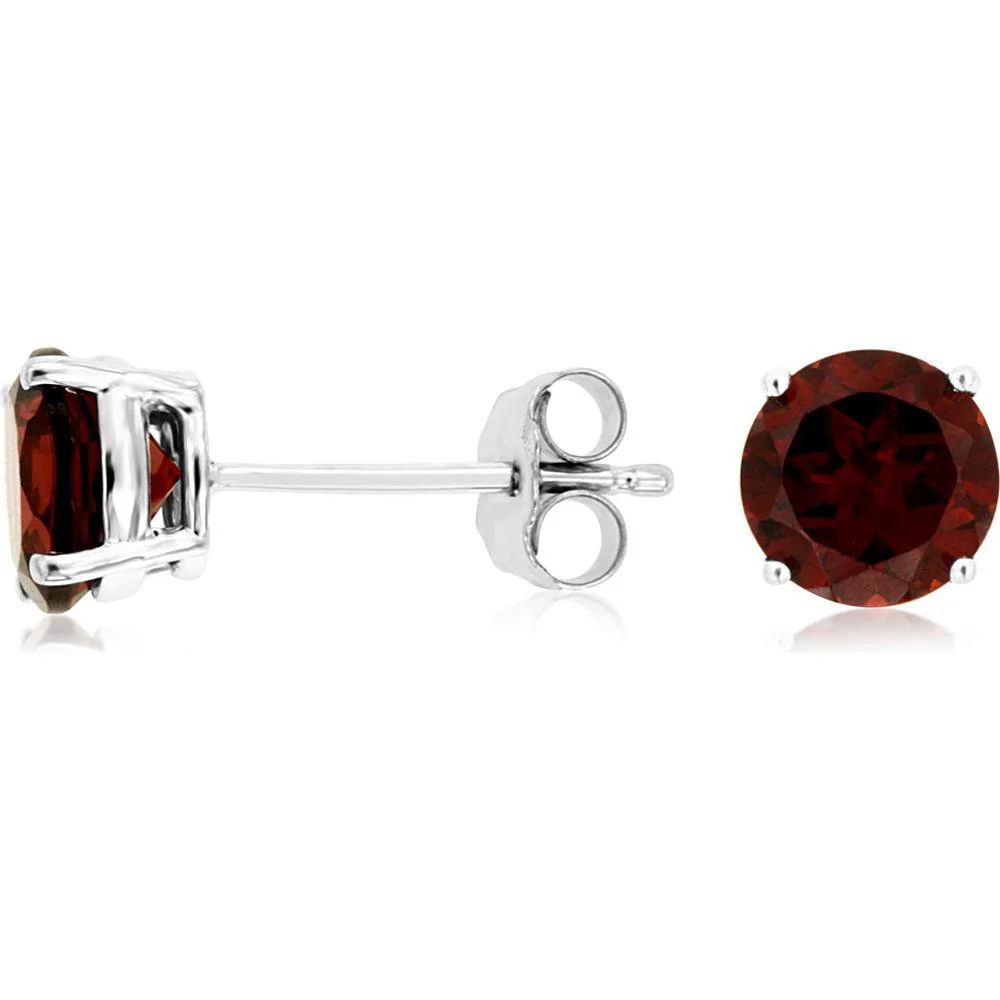 14K White Gold Round Cut Garnet Stud Earrings - 2.10 Carat Total Gem Weight - Royal Jewelry