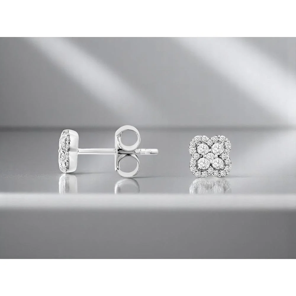 14K White Gold Round Diamond Cluster Stud Earrings - 0.25 Carat Total Diamond Weight - Royal Jewelry - Image 2