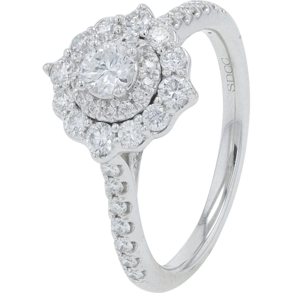 14K White Gold Round Diamond Halo Engagement Ring - 1.00 Carat Total Diamond Weight