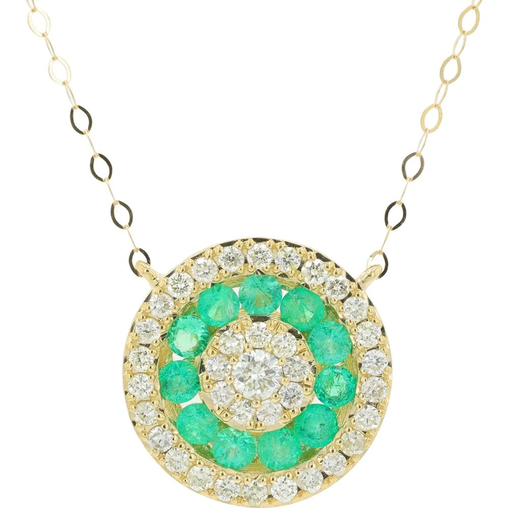 14K White Gold Round Emerald & Diamond Halo Pendant Necklace - 0.50 Carat Emerald, 0.30 Carat Total Diamond Weight