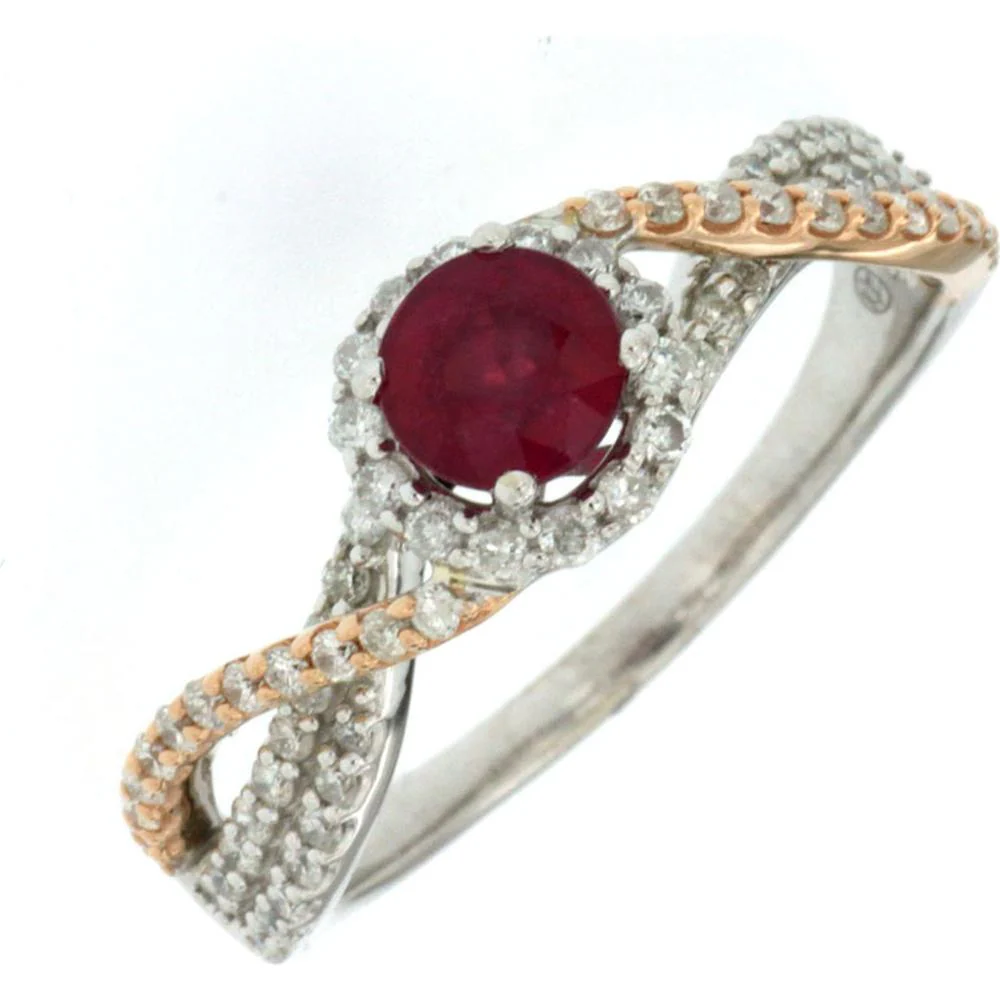 14K White Gold Round Glass Filled Ruby and Diamond Halo Ring with Split Shank Design - 0.70 Carat Ruby and 0.46 Carat Total Diamond Weight - Royal Jewelry