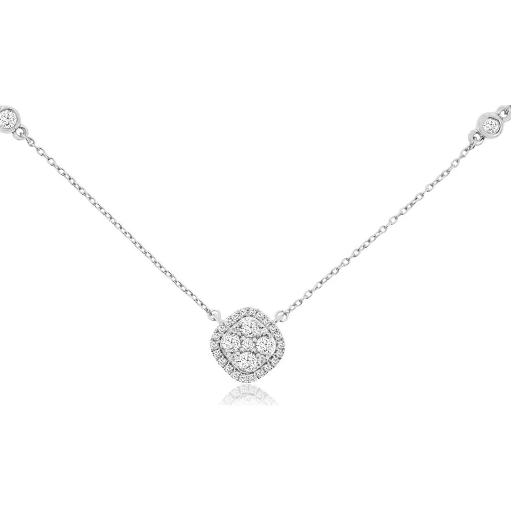 14K White Gold Round Halo Cluster Diamond Necklace with Bezel-Set Diamond Station Accents - 0.50 Carat Total Diamond Weight - Royal Jewelry