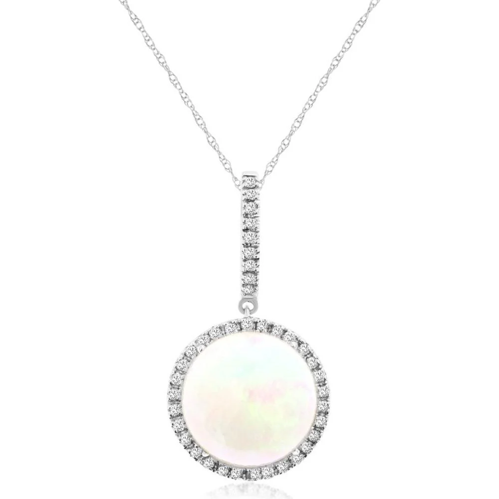 14K White Gold Round Halo Pendant with 6.75 Carat Opal and 0.41 Carat Diamonds - Royal Jewelry