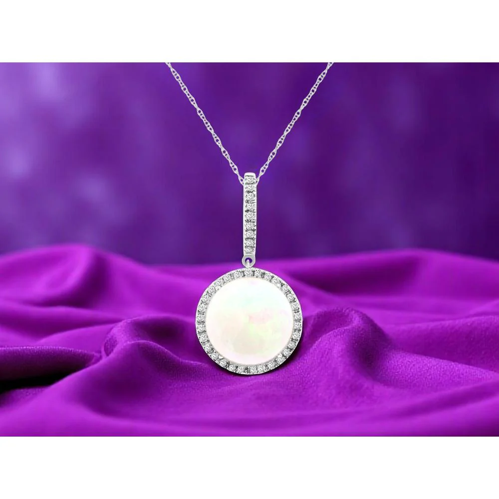14K White Gold Round Halo Pendant with 6.75 Carat Opal and 0.41 Carat Diamonds - Royal Jewelry - Image 2