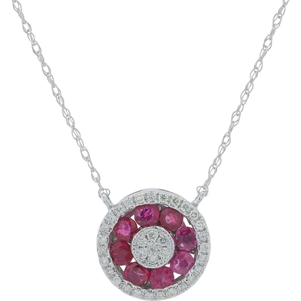 14K White Gold Round Ruby Halo Necklace with 0.15 Carat Diamonds - 0.30 - 0.50 Carat Total Ruby Weight