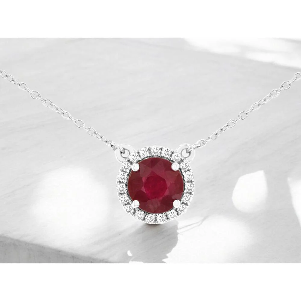 14K White Gold Round Ruby Halo Necklace with Round Diamonds - 0.96 Carat Ruby & 0.27 Carat Total Diamond Weight - Royal Jewelry - Image 2