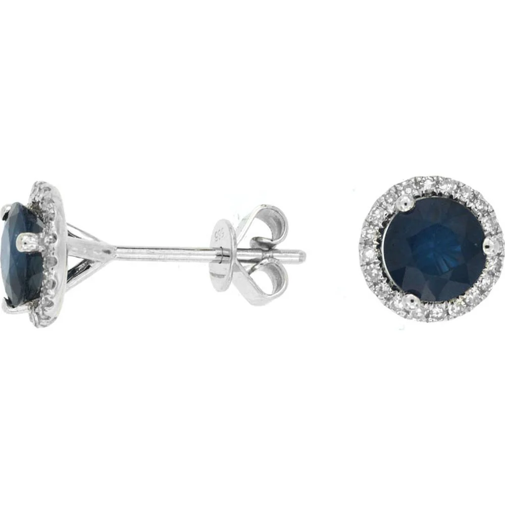 14K White Gold Round Sapphire and Diamond Accent Stud Earrings - 1.60 Carat Total Sapphire Weight, 0.16 Carat Total Diamond Weight - Royal Jewelry