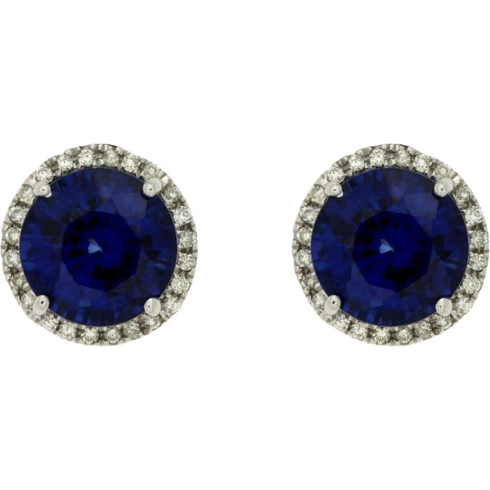 14K White Gold Round Sapphire and Diamond Halo Stud Earrings - 2.35 Total Carat Weight (2.20 Carat Sapphire, 0.15 Carat Diamond) - Royal Jewelry