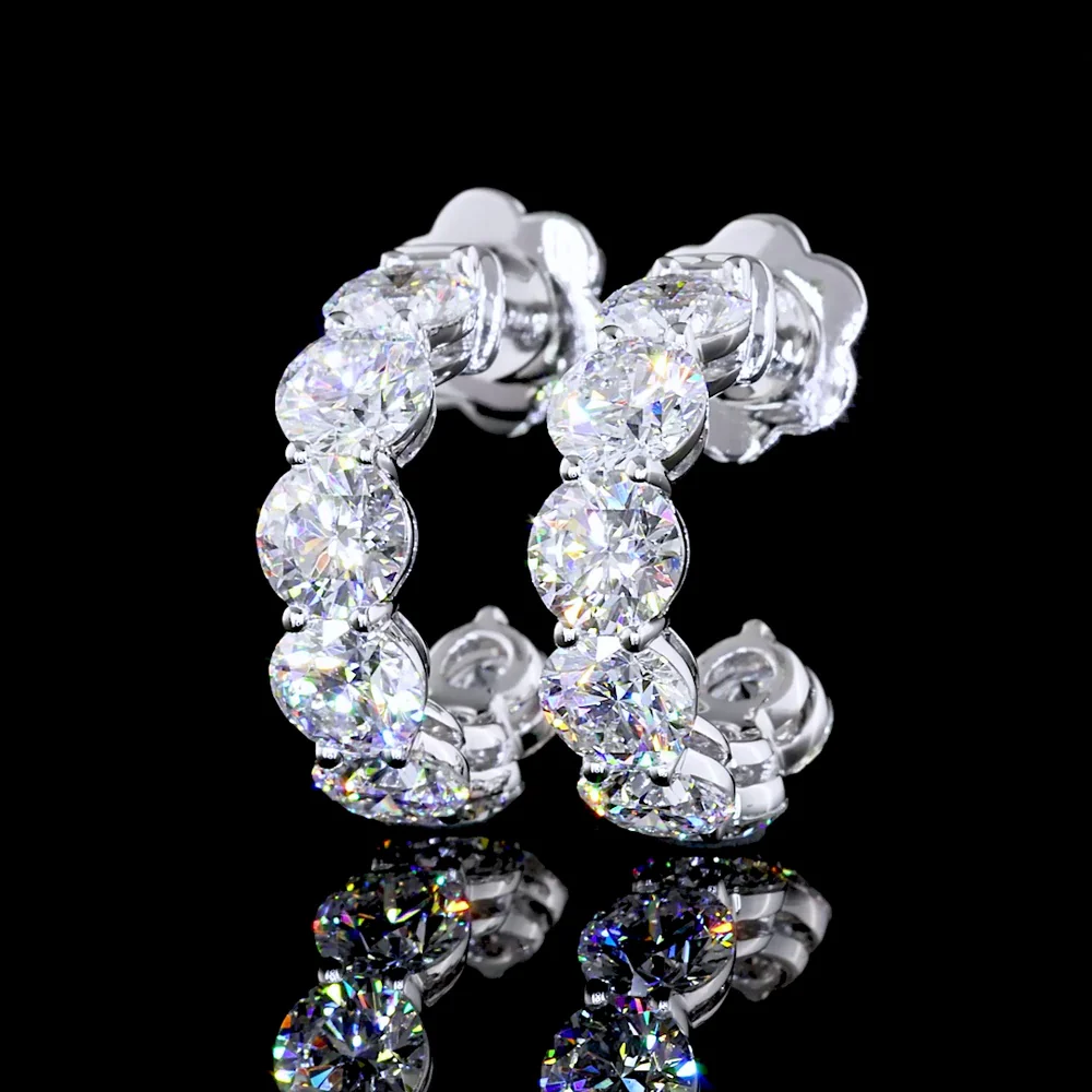14K White Gold Round Shape C Hoop Earrings with 14 Prong-Set Brilliant Cut Lab Diamonds - 4.60 Carat Total Weight, E-F VS2 - Covaloro Fine Jewelry - Image 2