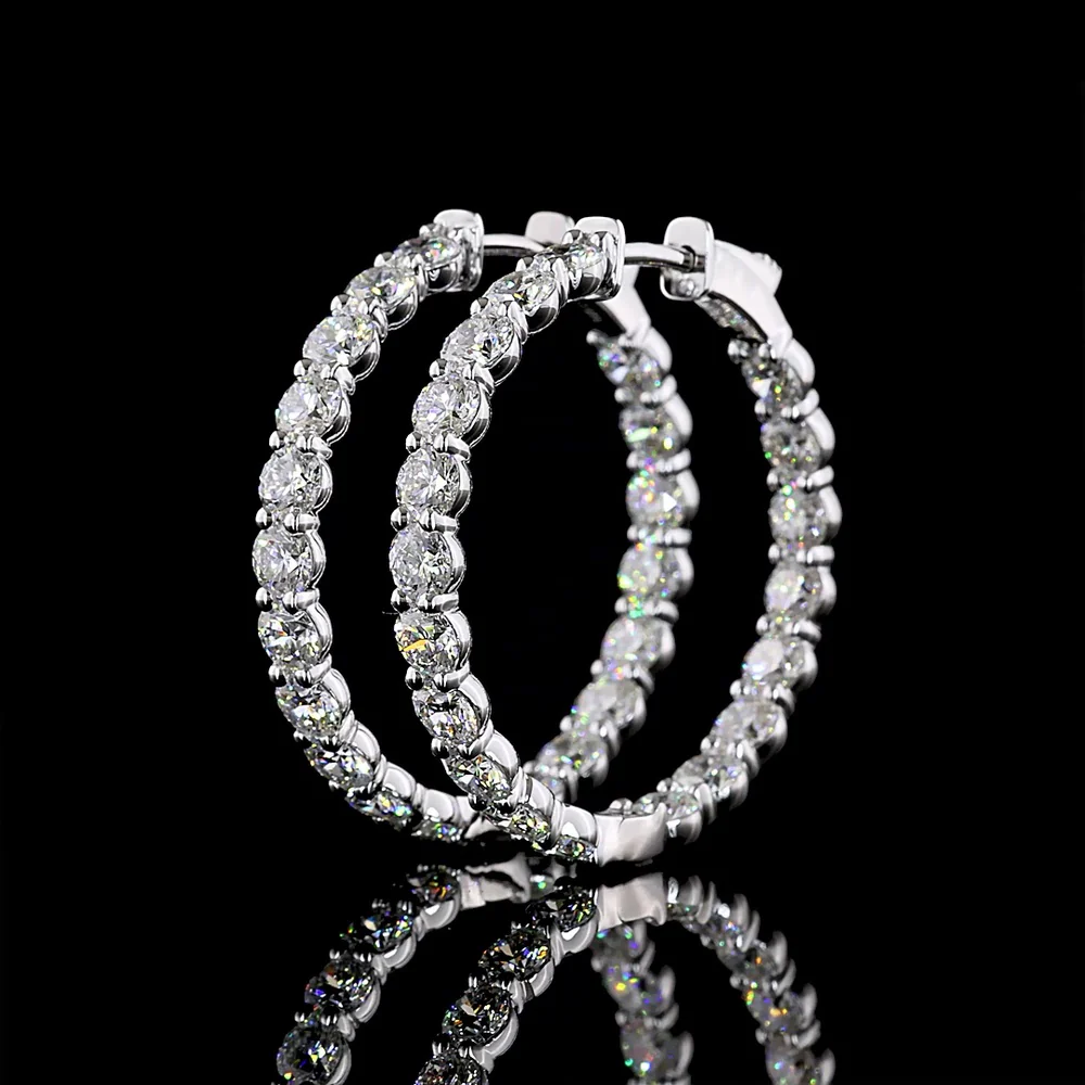 14K White Gold Round Shape Hoop Earrings with Prong Set Lab-Grown Diamonds - 6.22 Carat Total Diamond Weight - Covaloro Fine Jewelry - Image 3