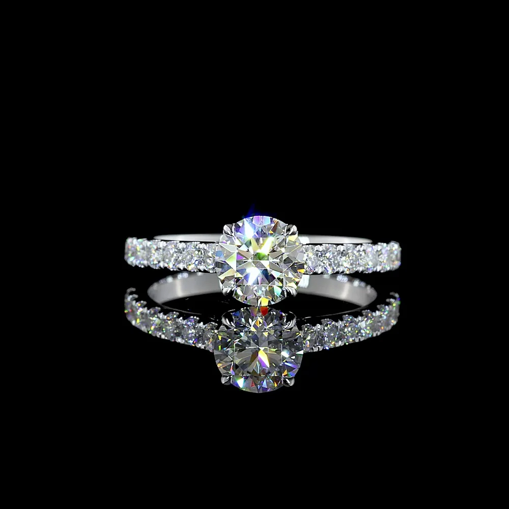 14K White Gold Round Solitaire Diamond Shank Ring with 1.02 Carat D VVS2 Center and 0.53 Carat Side Stones - IGI Certified 1.55 Carat Total Weight Lab Diamond - Covaloro Fine Jewelry