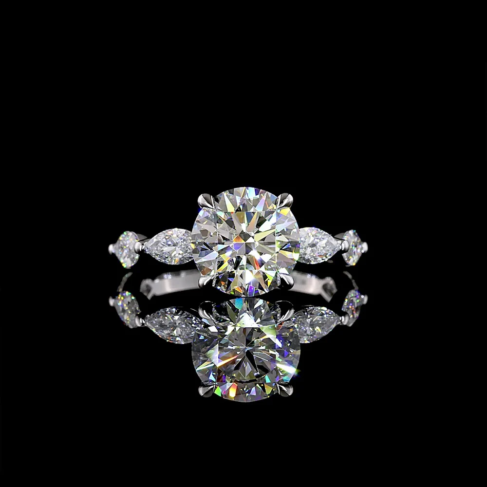 14K White Gold Round Solitaire Engagement Ring with Marquise and Round Diamond Accents - 3.28 Carat Total Weight (Lab Diamonds, E-F Color, VS1 Clarity) - Covaloro Fine Jewelry