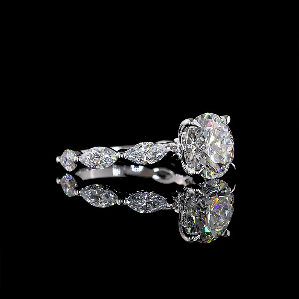 14K White Gold Round Solitaire Engagement Ring with Marquise and Round Diamond Accents - 3.28 Carat Total Weight (Lab Diamonds, E-F Color, VS1 Clarity) - Covaloro Fine Jewelry - Image 2