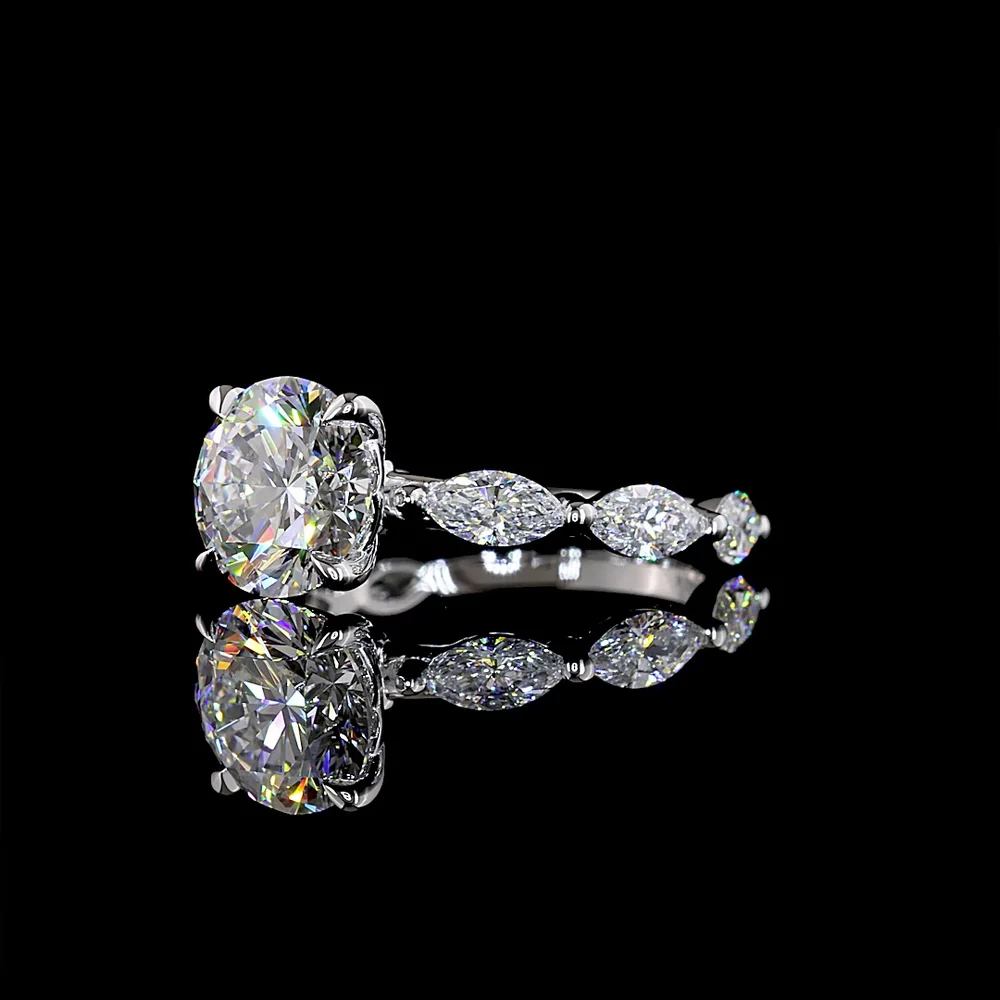 14K White Gold Round Solitaire Engagement Ring with Marquise and Round Diamond Accents - 3.28 Carat Total Weight (Lab Diamonds, E-F Color, VS1 Clarity) - Covaloro Fine Jewelry - Image 3