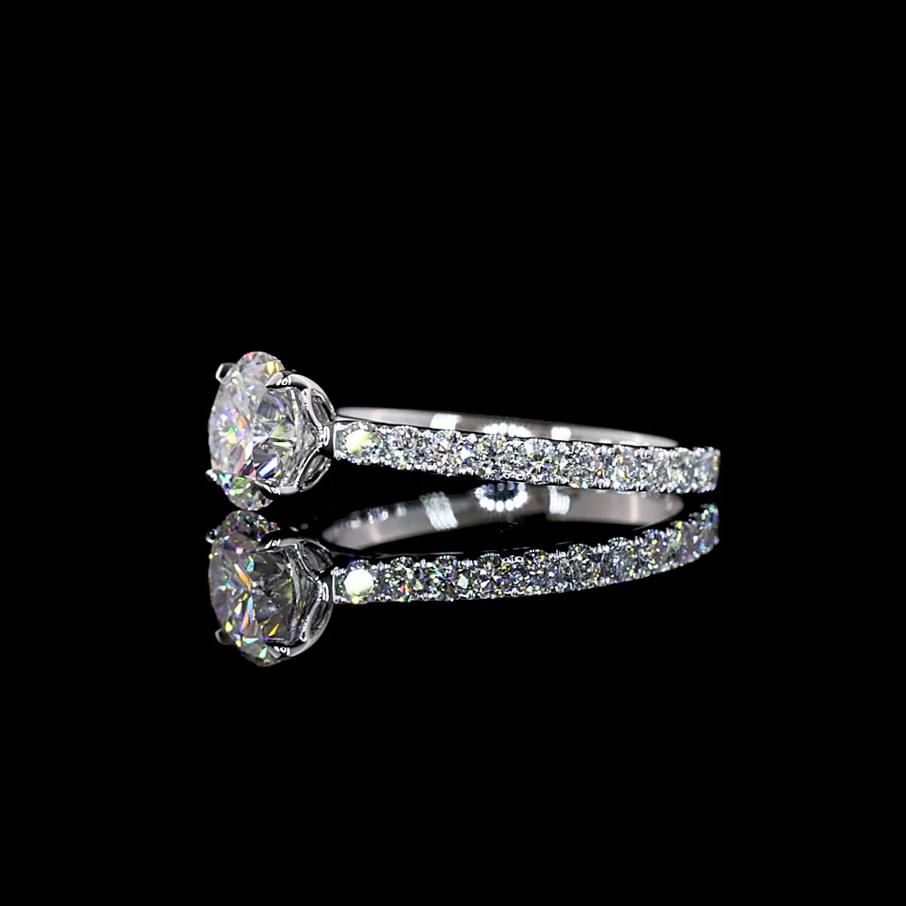 14K White Gold Round Solitaire Shank Ring with 1.50 Carat D VVS2 Brilliant Cut Lab Center Diamond and 0.71 Carat E VS1 Side Stones - 2.21 Carat Total Diamond Weight - Covaloro Fine Jewelry - Image 3