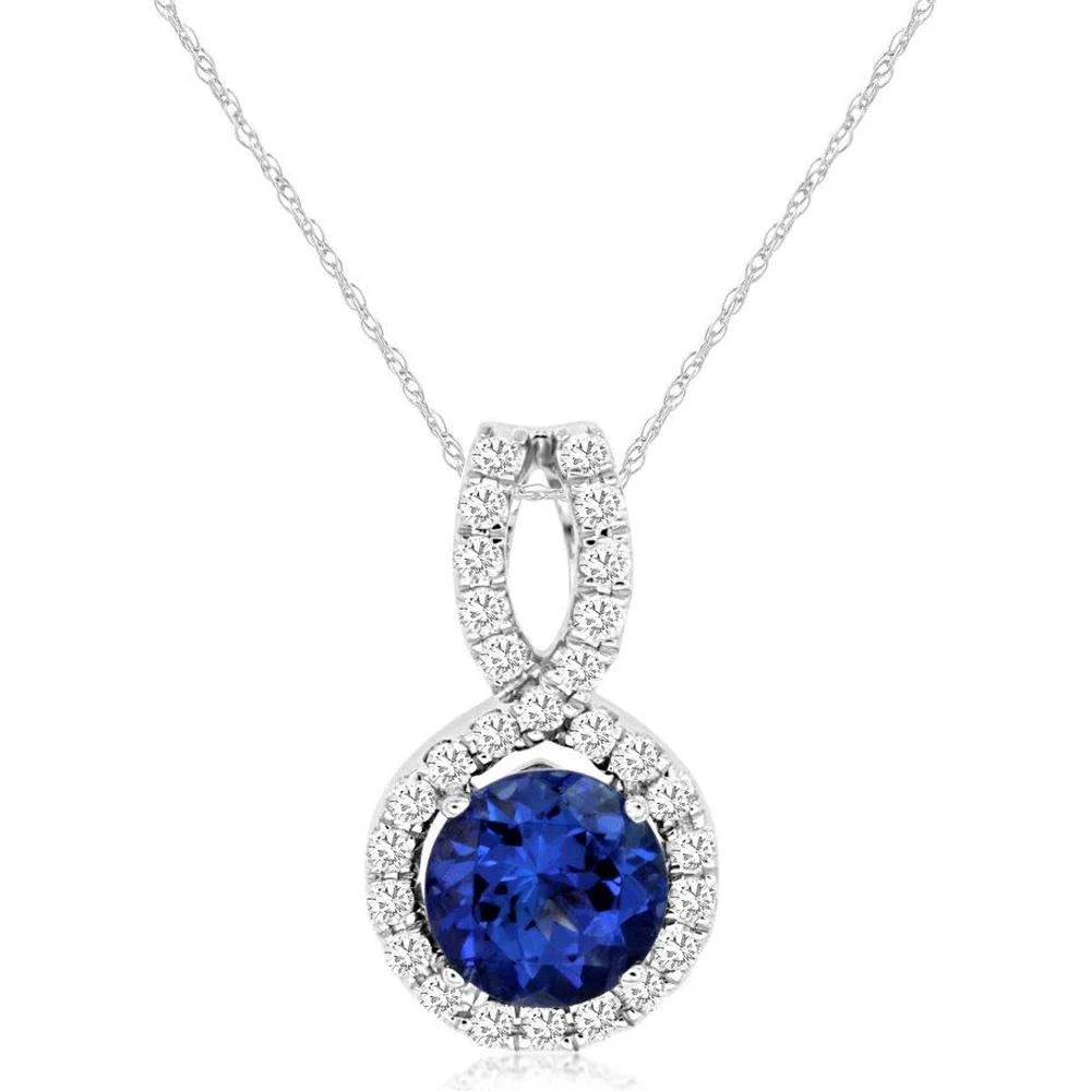 14K White Gold Round Tanzanite and Diamond Halo Pendant with 1 Carat Tanzanite and 0.20 Carat Total Diamond Weight - Royal Jewelry