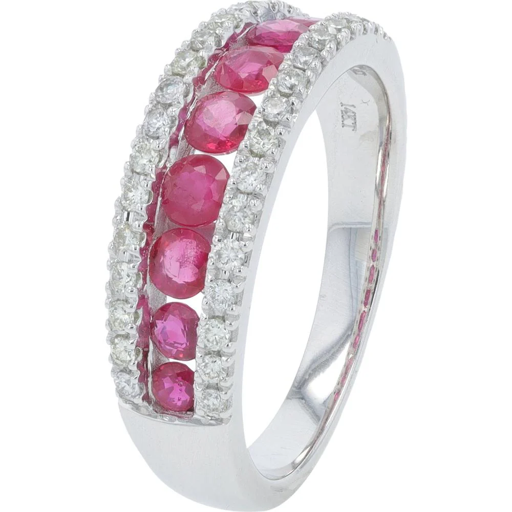 14K White Gold Ruby and Diamond Band Ring - 1.00 Carat Ruby, 0.27 Carat Diamond